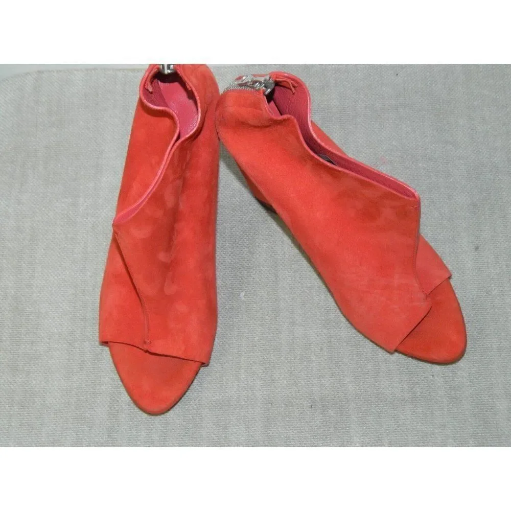 Jenni Kayne Booties Size 8 Orange Suede Cayenne Coral Open Toe‎ Zip Back Wedge